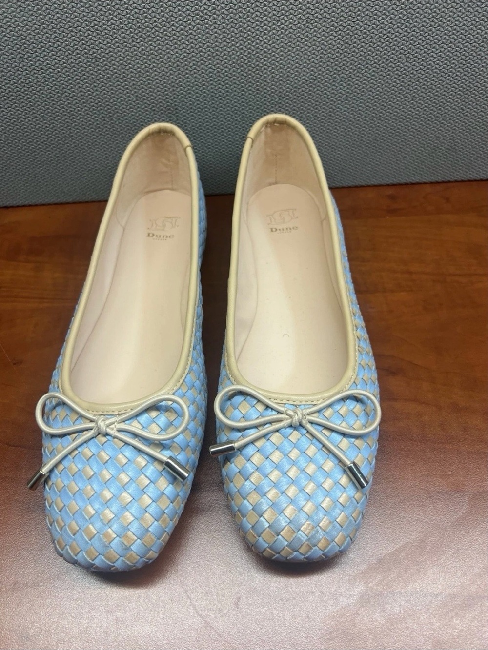 Dune London leather Ballet Flats Size 10 Blue Tan Woven Bow Soft